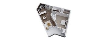 A top down view of a small apartment with a kitchen, living room and bathroom.