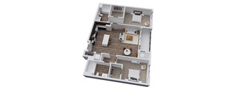 A white model of a house with a brown floor.