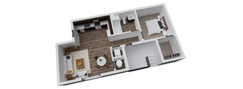 A 3D floor plan of a house showing a living room, kitchen, and two bedrooms.