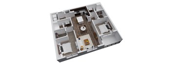 A 3D floor plan of a house with a central courtyard.
