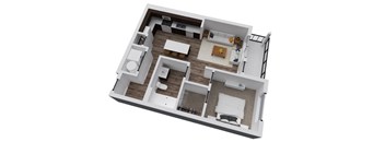 A 3D rendered image of a house layout.