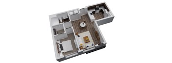 A 3D floor plan of a house with a kitchen, living room, and bathroom.