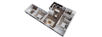 A floor plan of a two-story house with a living room, dining room, kitchen, and two bedrooms.