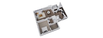 A 3D floor plan of a house with a kitchen, living room, and bathroom.