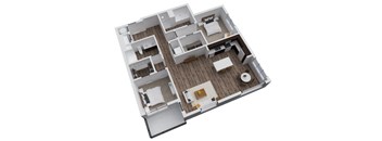 A 3D model of a house with various rooms and furniture.