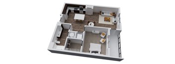 A 3D floor plan of a house with a living room, kitchen, and bathroom.