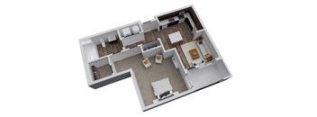 A 3D floor plan of a house with a living room, kitchen, and two bedrooms.
