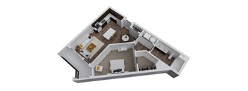 A 3D rendered image of a house layout.