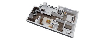 A 3D floor plan of a house with a kitchen, living room, and two bedrooms.
