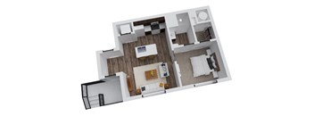 A top-down view of a modern apartment layout.