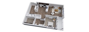 A 3D floor plan of a house with a kitchen, living room, and two bedrooms.