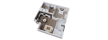 A 3D floor plan of a house with a kitchen, living room, and two bedrooms.