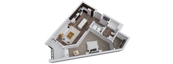 A top down view of a house with a kitchen, living room, and bedrooms.