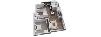 A 3D rendered image of a modern house layout.
