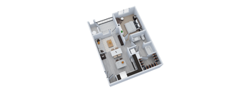 A top-down view of a small apartment with a kitchen, living room, and bedroom.