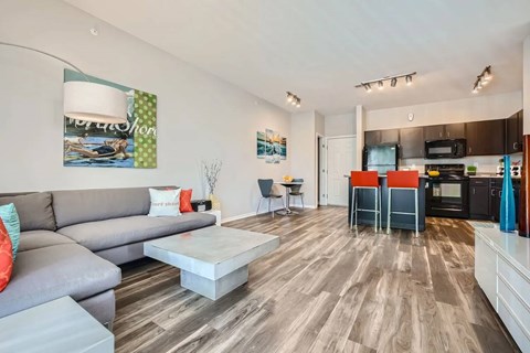 A modern living room with a grey sofa and a coffee table.