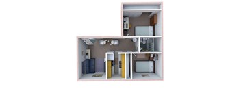 A 3D model of a kitchen with a refrigerator, sink, and cabinets.