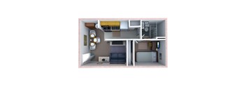 A 3D rendered image of a small apartment layout.