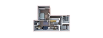 A 3D rendered image of a small apartment layout.