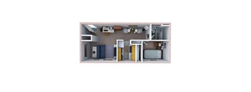A 3D rendered image of a small apartment with a kitchen, living room, and bathroom.