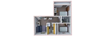 A 3D model of a kitchen with a refrigerator, oven, and other appliances.