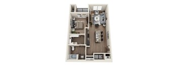 A top-down view of a small apartment with a kitchen, living room, and bedroom.