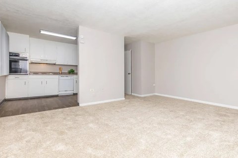 A spacious, empty room with a carpeted floor and a door leading to another room.