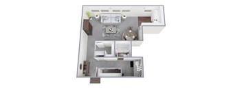 A top-down view of a living room with a couch, coffee table, and kitchen area.