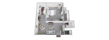 A 3D floor plan of a small apartment with a living room, kitchen, and bathroom.