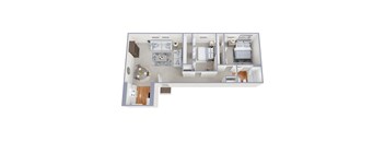 A floor plan of a small apartment with two bedrooms and a living area.