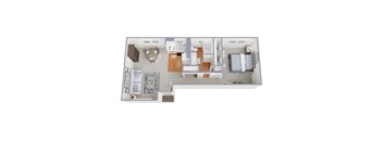 A floor plan of a small apartment with a kitchen, living room, and bedroom.