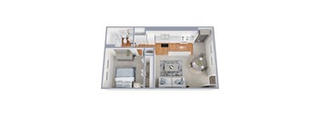 A 3D floor plan of a house showing a living room, kitchen, and bathroom.