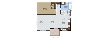 A floor plan of a one bedroom apartment with a living room, dining room, kitchen, and bathroom.