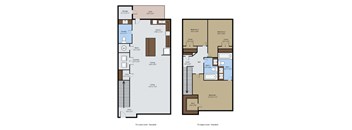 A floor plan of a two-story house with a living room, kitchen, and two bedrooms.