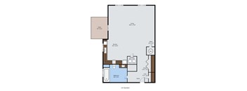 A floor plan of a house with a deck, kitchen, bathroom and laundry room.