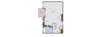 A floor plan of a home with a deck, kitchen, laundry area, bathroom, and living space.
