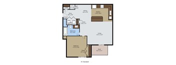 A floor plan of a house with a living room, kitchen, dining room, and bedrooms.