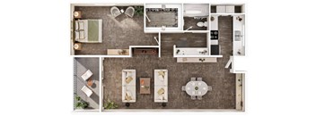 A top-down view of a well-organized kitchen and living room area.