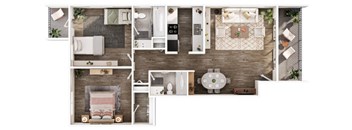 A detailed floor plan of a modern apartment with a kitchen, living room, and bathroom.