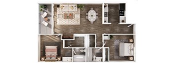 A top-down view of a modern apartment layout with a living room, kitchen, and bathroom.