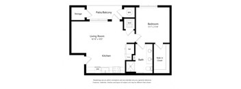 A black and white floor plan of a house with a living room, kitchen, bedroom, and bathroom.