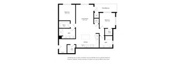 A black and white floor plan of a house with two bedrooms, a living room, a kitchen, a bath, a walk-in closet, and a patio/balcony.