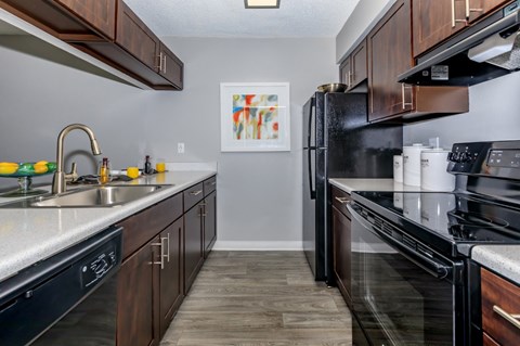 A kitchen with black appliances and wooden cabinets.