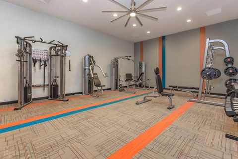 A gym with a variety of equipment including weights and machines.