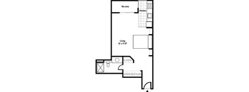 A floor plan of a one bedroom apartment with a balcony and a kitchen.