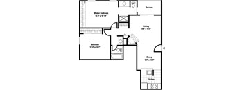 A black and white image of a house floor plan with a balcony, master bedroom, living room, dining room, kitchen, and bedroom.