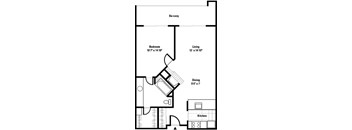 A floor plan of a one bedroom apartment with a living room, dining room, and kitchen.