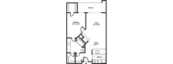 A black and white image of a floor plan for a home with a balcony, bedroom, living room, dining area, and kitchen.