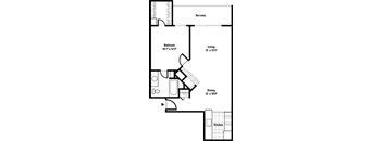 A black and white image of a house floor plan with a balcony, bedroom, living room, dining room, and kitchen.
