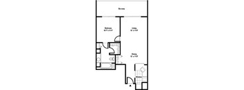 A floor plan of a one bedroom apartment with a living room, dining room, and kitchen.